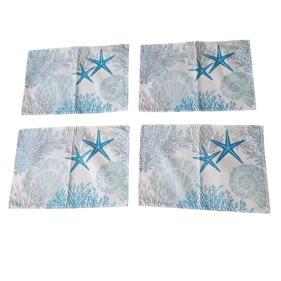 Blue Nautical Placemats Starfish Seashell Coral Tropical Summer Set of Four New - Picture 1 of 4